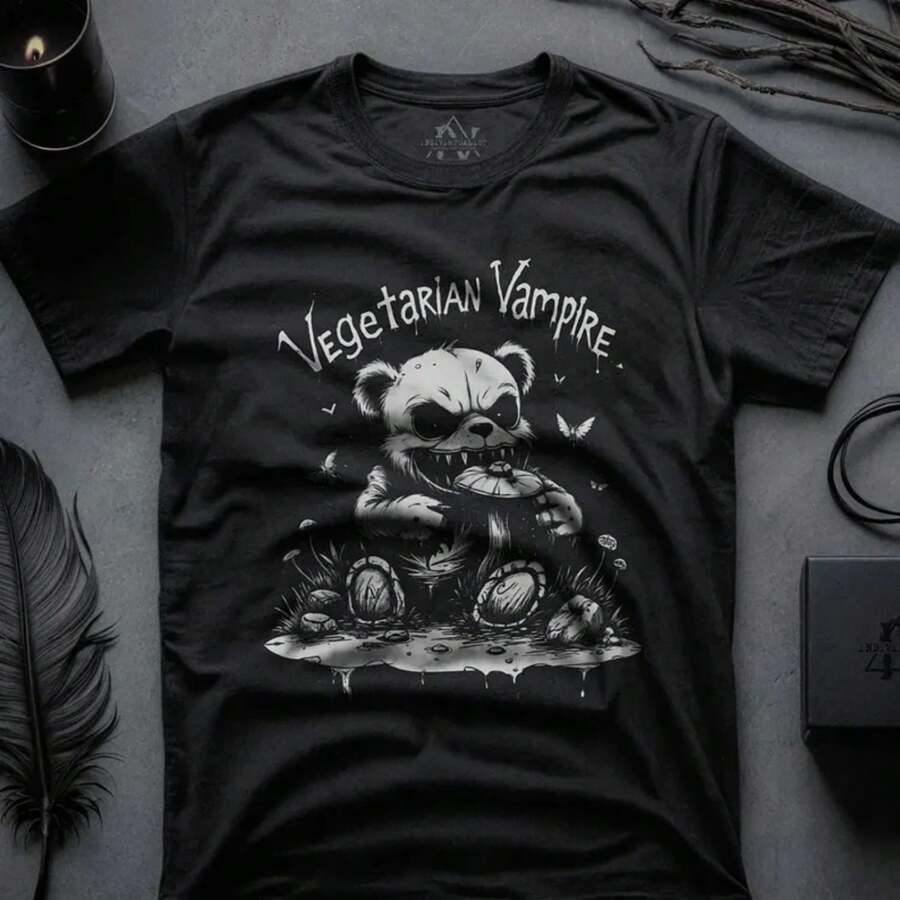 Vegetarian Vampire TShirt, Teddy Bear Shirt Vampire Dark Academia Gift Vegetarian Dark Aesthetic Tee Mushroom Tee Unisex Outfit Alt Clothing - Black - View 1