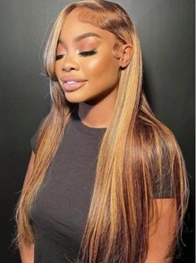 13x4 Highlight Straight 4/27 Ombre HD Transparent Lace Front Wigs Human Hair For Women Pre Plucked 200% Density Brazilian Straight Human Hair Wigs With Baby Hair(24inch, 4/27-Straight)