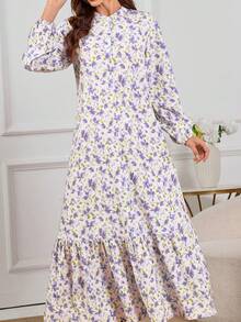 春冬新款印花长裙，度假风宽松系带女士连衣裙，全身印花，荷叶边袖口，时尚长袖，女士热销款 - 紫色 - 查看 4