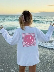 1pc Tween Girl Casual Lightning & Smiling Face Print Crew Neck Long Sleeve T-Shirt, Stylish Tee For Students, Lightning Graphic Design Represents Be Brave & Dare To Dream, Autumn