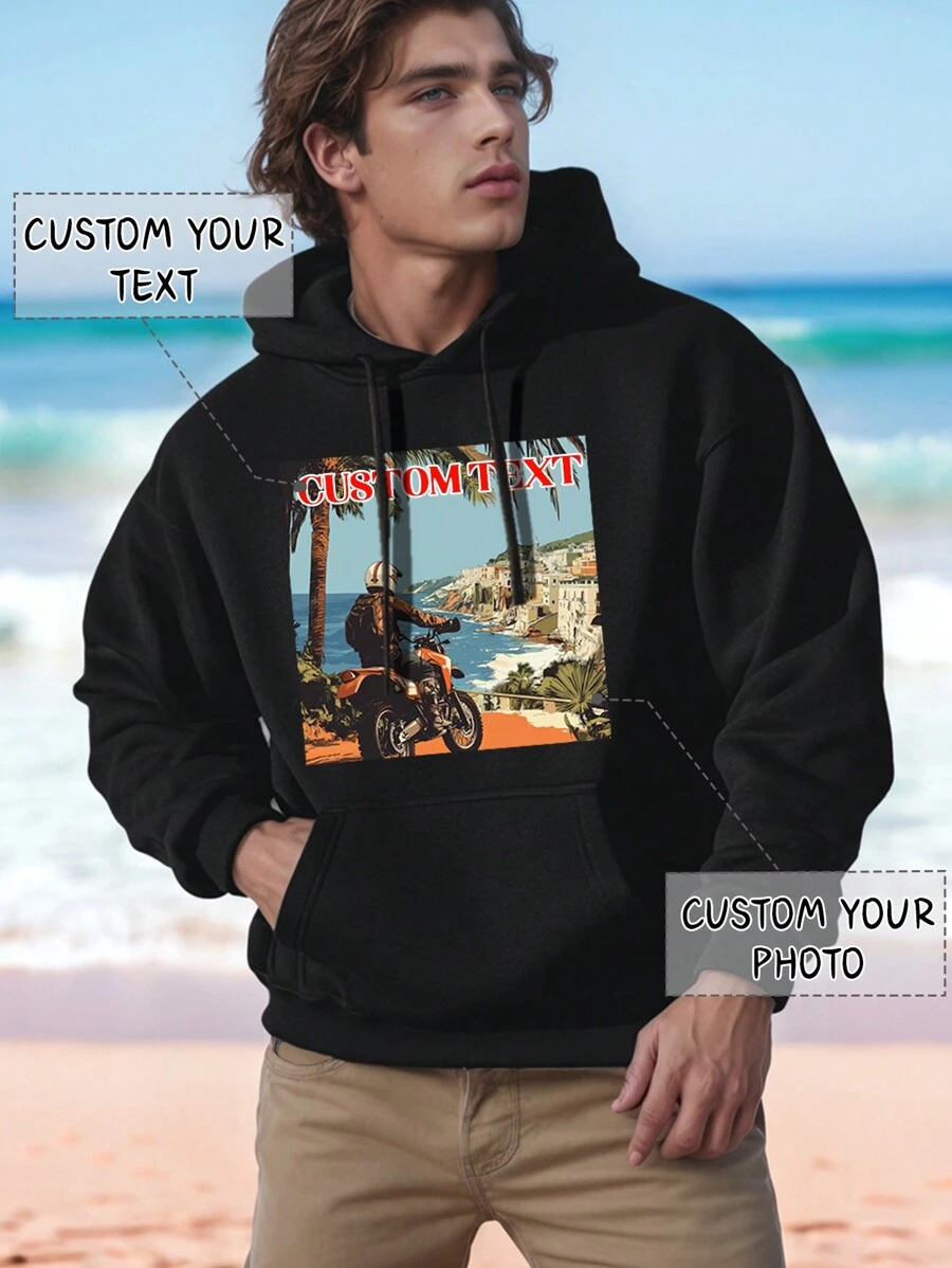 Customized Christmas Hoodie For Men, Personalize With Your Photo And Blessing Text/Group Photo/Couple/Lover/Family/Friend/Pet/Landscape, Custom Text/Name/Blessing/Holiday/Anniversary, Personalized Design, Halloween Costume, Christmas, Back To School, Autumn, Winter Men's Wear, Valentine's Day/Father's Day/Anniversary/Birthday Gift - Black - View 1