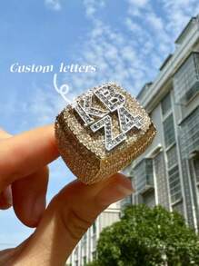 Custom Cubic Zirconia Letter Ring, Brass Oxidized Zirconia Initial Ring, DIY Personalized Hip Hop Letter Ring, Everyday Couple Jewelry,Gold,Silver,Stylish,Colorful,Vintage,Hipster,Simple,Y2k,2000s Fashion,Custom,Personalized,Unique,Ideal Gifts For Him,Ideal Gifts For Her,Her,Boyfriend,Girlfriend,Dad,Mom,Family,Friends,For Anniversaries,For Birthdays,For Graduation,For Prom,For Party,Jewelry Women - Multicolor - View 1
