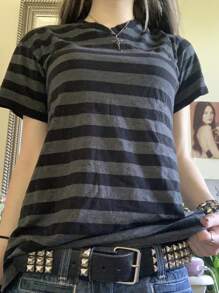 Women Vintage Grunge Top Short Sleeve Striped T-Shirt Goth Emo Tee Shirt Y2K Aesthetic Clothes Harajuku - 藍色 - 查看 3