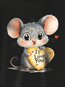 Women's Plus Size  Valentine's Day Mouse And Cheese Kawaii Print T-Shirt Fashion Short Sleeve Round-Neck Tops Summer Streetwear