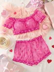 2 件套女士性感内衣套装，露肩舒适背心透明粉色心形透视文胸，适合情人节、夜总会、卧室、情侣