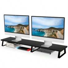 Large Dual Monitor Stand Riser Wooden Computer Desk Stand Metal Legs Desk Organizer Awer Underneath Storage Shelf For PC Printer TV Laptop Oak - OakWhite1 - View 1