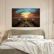 Motorcyce Rider Oil Painting Wall Art, Sunset Landscape With Motorcycle Rider Canvas Picture Wall Decor For Office Home Living Room Bedroom Framed Ready To Hang