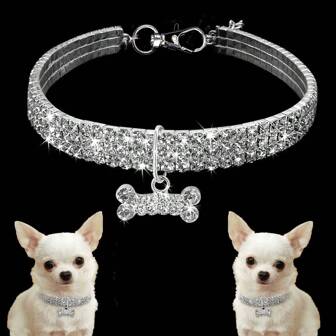 High-grade Pet Collar, White Necklace For Cats And Dogs With Three Rows Rhinestone Bone Decoration, Suitable For All Seasons