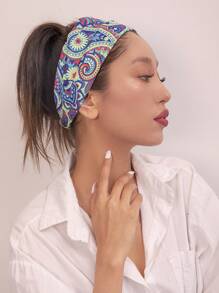 Hair Wrap Women Sweatband 1pc Women's Paisley, Star & Moon Print Headband, Wide Elastic Knotted Hair Band, Fashion Hairband Suitable For Festivals And Daily Wear Hair Accessories