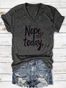 Printed T-Shirt, Short Sleeve V-Neck Casual Top, Summer And Spring, Women's Clothing - 深灰色 - 查看 1