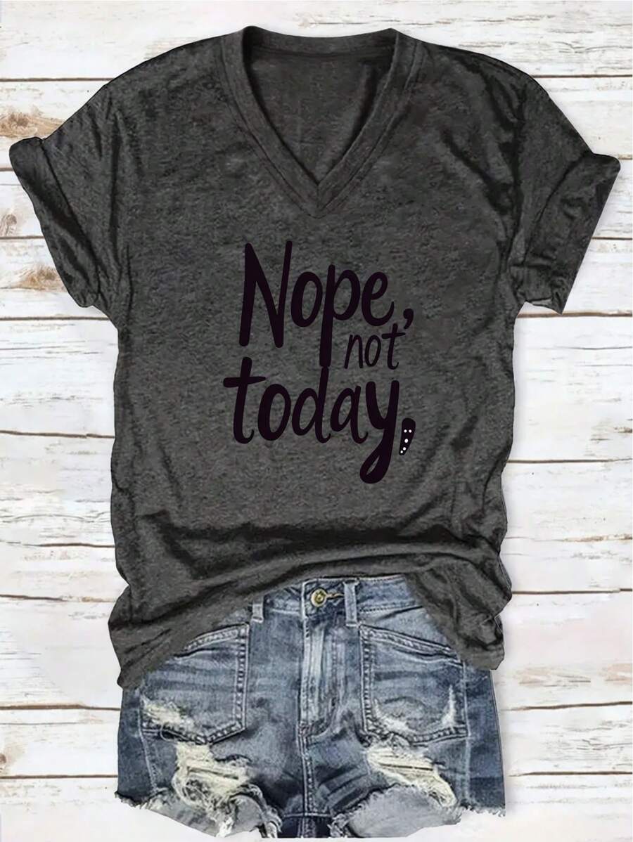 Printed T-Shirt, Short Sleeve V-Neck Casual Top, Summer And Spring, Women's Clothing - 深灰色 - 查看 1