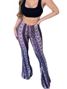 Women Retro High Waist Pants Slim Fit Casual Straight Floral Print Long Trousers