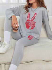 2 pièces Ensemble de loisirs pour femmes, ensemble deux-pièces, manches longues amples, pantalon slim, couleur unie. Ensemble de loisirs pour le printemps et l'été, convenant pour la course, les loisirs à la maison. Motifs d'impression : LOVE DREAMER WILD FAIT PEACE - Gris pâle - Voir 3
