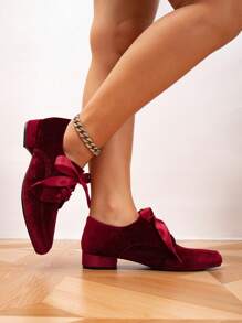 Women's Flat & Chunky Heel Pointed Toe Vintage Style Saddle Shoes, Lace-Up Oxfords, Slip-On Loafers, Block Heel Mary Janes, Black Low Heel British Style Pumps - Burgundy - View 4