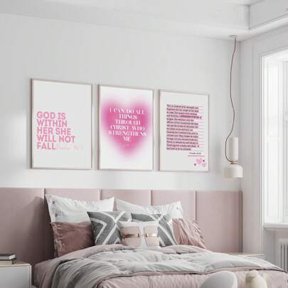 1/3pcs Modern Christian Wall Art Picture Bible Verse Canvas Prints Paintings Pink Scripture Quote Poster Girly Aesthetic Religious Decor For Bedroom, Living Room, Or Dorm Wall Decor Unframed