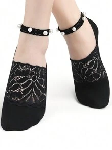 2 Pairs Women Short Pearl Lace Socks, Versatile Breathable Sweat-Absorbing Ankle Socks, Suitable For Spring/Summer Everyday Wear - Multicolor - View 7