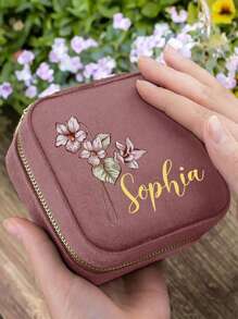 Boîte de rangement rond personnalisé avec fermeture éclair, sac de transport pour fleurs et texte, boîte de rangement en velours pour bijoux Saint-Valentin, boîte de rangement portable et compacte pour bijoux, nouvelle boîte de rangement portable ronde pour bijoux, boîte de rangement en velours pour bijoux de voyage, petit écrin rond portable de style coréen pour boucles d'oreilles, colliers, bagues et ongles, boîte de collection pour bijoux antioxydante