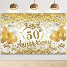 1 pièce, décoration de toile de fond pour le 50e anniversaire de mariage, blanc et or, "Happy 50th Anniversary" (50e anniversaire de mariage heureux), toile de fond dorée pour photographie, utilisée pour la décoration de la fête du 50e anniversaire de mariage, décoration de la maison, décoration de la pièce, studio de photographie.