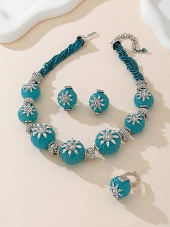 1 件南瓜串珠项链，1 对南瓜耳环，1 件可开口戒指，铜合金材质，女士时尚首饰套装，复古欧美设计，适合日常佩戴、派对和特殊场合