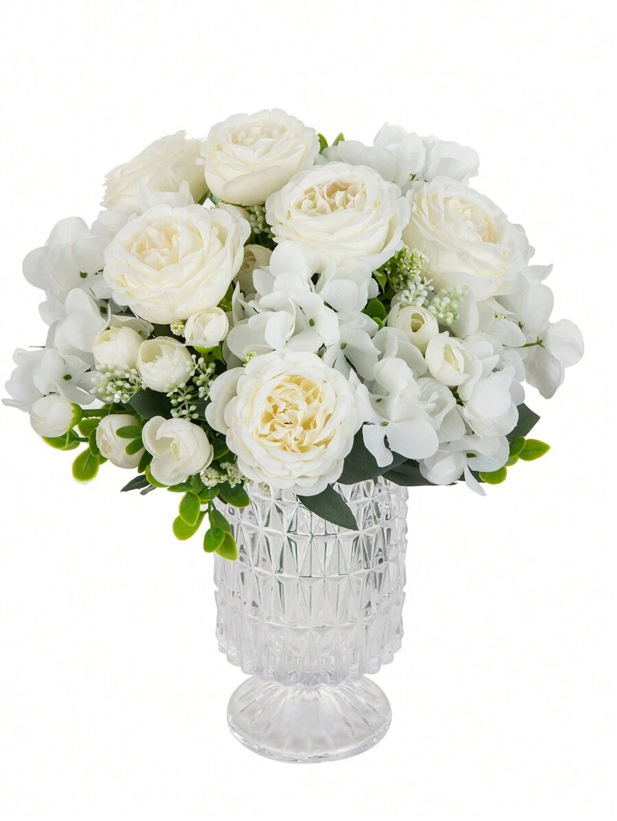 1pc Realistic Peony Silk Embroidered Flower Bouquet, Wedding Decor DIY Wreath Material, Bridal Bouquet, Wrist Corsage, Boutonniere, Headpiece Decor, Wedding Car Decor, Arch Decor, Home/Restaurant/Bedroom Vase Decor, Birthday Party Decor, Valentine's Day & New Year Gift, Graduation Gift - Pure White - View 1