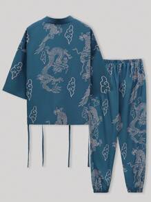 Men's Chinese Style Dragon Print Robe And Pants Pajamas Set - Navy Blue - View 5