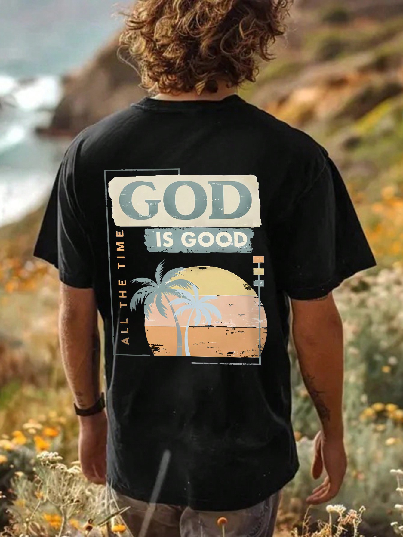 Men's Slogan & Palm Tree Print Round Neck T-Shirt