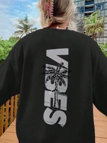 2025 Dames Herfst/Winter Nieuwe Eenvoudige Palmboom & Letter Print Casual Ronde Hals Lange Mouw Sweatshirt, Vakantie-geïnspireerd, Casual Maar Modieus: Ontdek Onze Dames Ronde Hals Sweatshirts Om Een Vleugje Elegantie Toe Te Voegen Aan Je Casual Garderobe