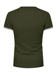 200g Cotton  Comfortable Men's Short Sleeve V-Neck Henley Slim Fit Stretch T-Shirt - 軍綠色 - 查看 3
