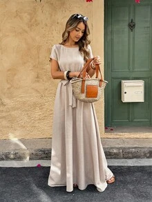 Vestido largo de corte evasé con textura similar al lino y pliegues para mujer - Caqui - Ver 4