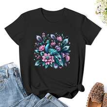 Womens Beautiful Peacock Print T-Shirt, Fashionable Round Neck Black Top Crewneck Short Sleeve Tops  Casual T Shirts, All-Season Wear, Perfect For Outdoor Activities And Daily Life, Suitabl - Black - View 1