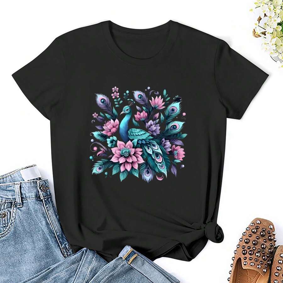 Womens Beautiful Peacock Print T-Shirt, Fashionable Round Neck Black Top Crewneck Short Sleeve Tops  Casual T Shirts, All-Season Wear, Perfect For Outdoor Activities And Daily Life, Suitabl - Black - View 1