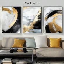 3pcs Black And Gold Abstract Canvas Wall Art Gold Foil Abstract Canvas Painting Black Gold Grey Abstract Wall Art For Home Decor Grey And Gold Artwork Black And White Grey Abstract Art 16x24inchx3 Inner Framed - 白色 - 查看 2