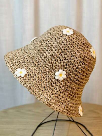 1pc Girls' Beach Straw Hat, Large Brim Sun Visor Hat For Summer Seaside, UV Ion