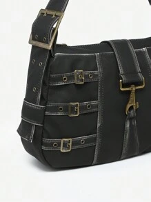 1pc Women's Vintage Y2K Western Distressed Maillard Leather Shoulder Underarm Bag, With Metal Decor, Adjustable Strap, Suitable For Street, Dating, Party - màu đen - Xem 5