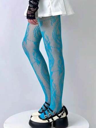 1 双女士透明简约修身湖蓝色连裤袜，休闲日常穿着