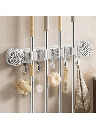 ABS拖把架扫帚挂架壁挂式4位置刷子支架扫帚钩收纳架浴室收纳器吸盘拖把夹浴室扫帚挂架挂钩免打孔马桶按扣神器拖把夹架收纳架