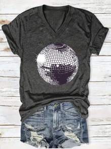 Printed T-Shirt, Short Sleeve V-Neck Casual Top, Summer And Spring, Women's Clothing - 深灰色 - 查看 1