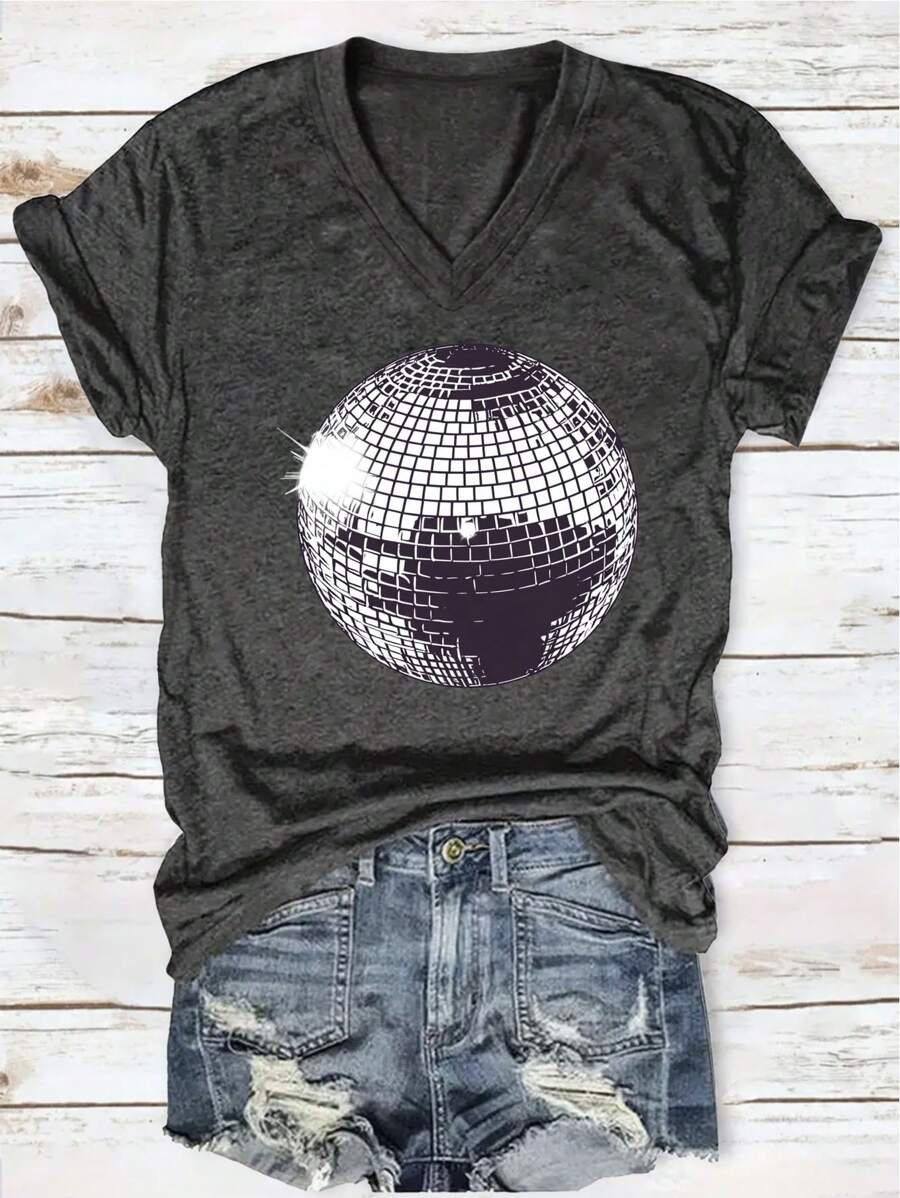 Printed T-Shirt, Short Sleeve V-Neck Casual Top, Summer And Spring, Women's Clothing - 深灰色 - 查看 1