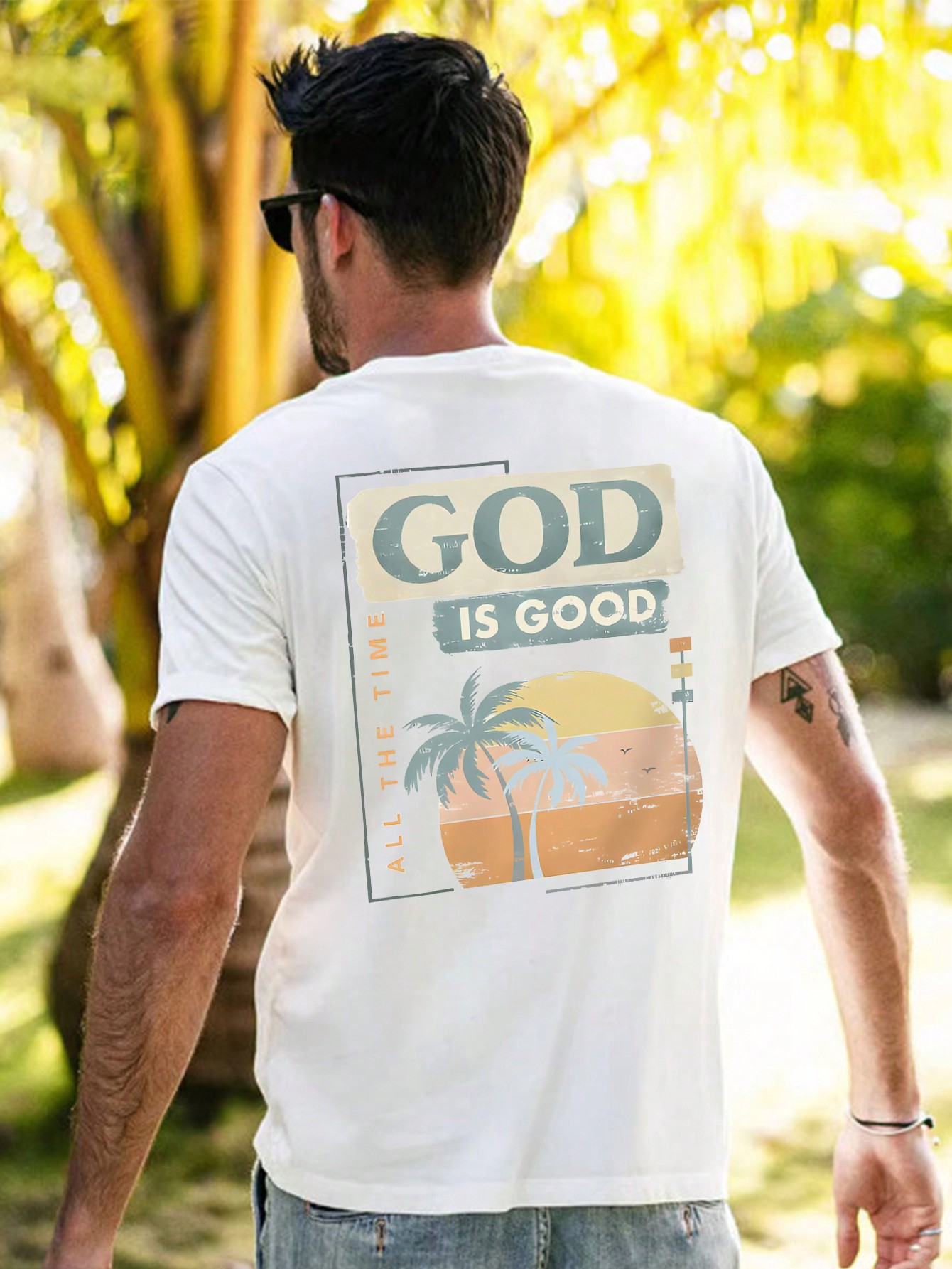 Men's Slogan Palm Tree Print Round Neck T-Shirt