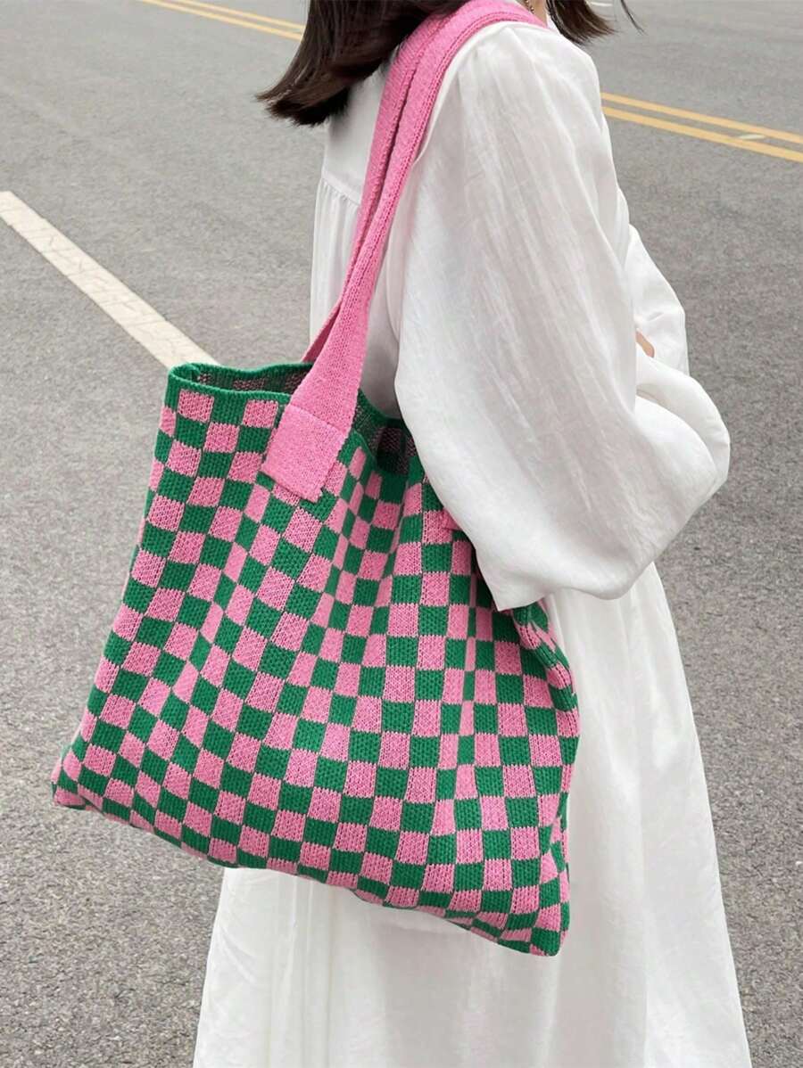 1 szt. Hollow Bag Color Blocking Crochet Handbag Torba na ramię Duża pojemność Modna torba plażowa Uniwersalna torba dojazdowa Duża pojemność Dzianinowa torba typu hobo Uroczy wzór serca Torba typu tote Damska codzienna torebka szydełkowa na ramię Portfel Y2k Prezent, codzienny urlop, torba plażowa, torba na ramię, dwukolorowy wzór w kratkę, artystyczny styl Torba szkolna i torba na książki dla kobiet lub uczniów, idealna na książki, zakupy, powrót do szkoły i nie tylko