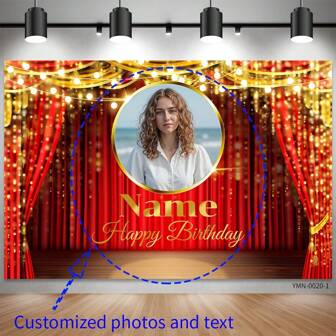Customize Photo Personalization Add Text Optional 9.8 Ftx6.5 Ft Party Banner Red Curtain Glitter Sequin Decoration Gold Font Party Background Polyester Material Banner Suitable For Wedding Anniversary, Birthday Party, Bar ,Retirement Party,First Photography Background