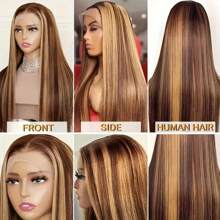 13x4 Highlight Straight 4/27 Ombre HD Transparent Lace Front Wigs Human Hair For Women Pre Plucked 200% Density Brazilian Straight Human Hair Wigs With Baby Hair(24inch, 4/27-Straight)
