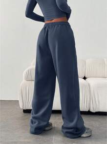 Women's Casual Loose Solid Color Elastic Waist Sweatpants With Pockets - Dusty Blue - View 3