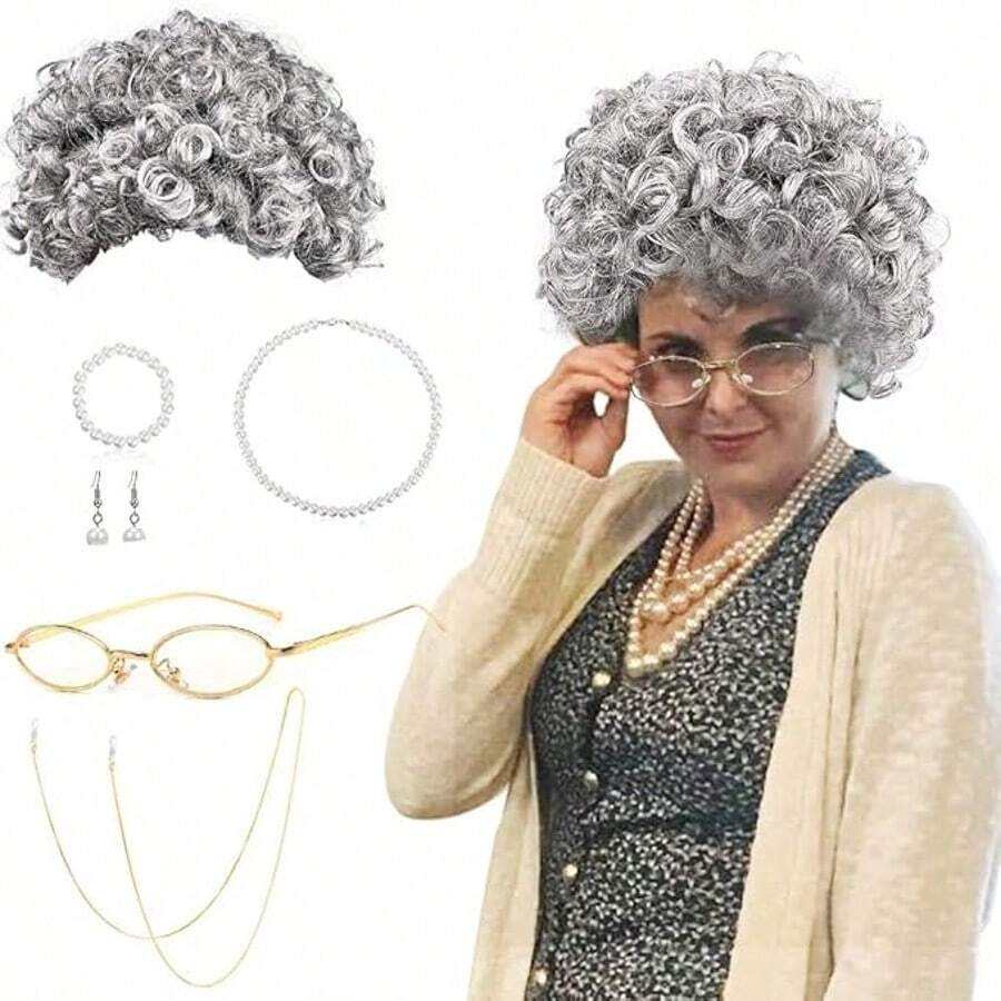 Grandma Wig Grey Old Lady Costume Set Women's Grandmother Cosplay Accessories With Curls Grandma Wig, Madea Glasses, Glasses Chains Drawstring Straps, Pearl Jewellery Grandma Fancy Dress - Multicolor - View 1