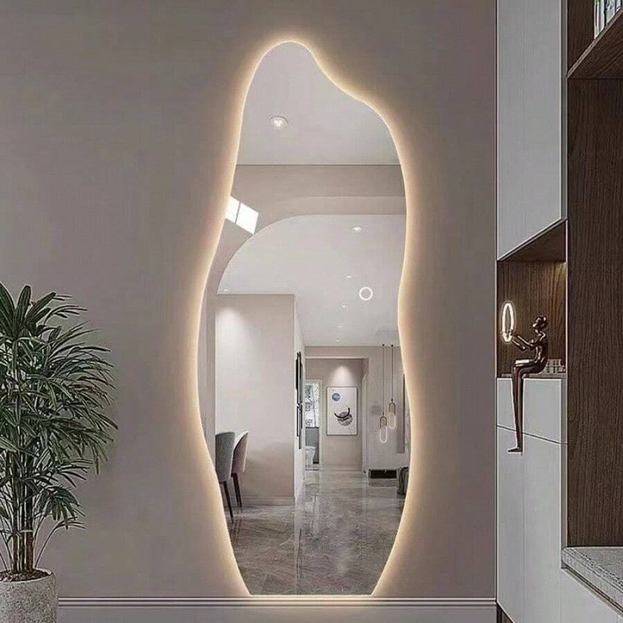 Espejo de Cuerpo Completo con Luz Led, 48*20 Pulgadas Espejo de Piso Led Irregular, Espejo De Cuerpo Entero con regulable, 3 Colores, A prueba de explosiones, para Sala, Dormitorio, Entrada, Probador - 1 - Ver 1