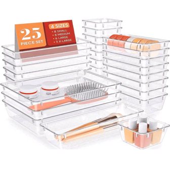 25 PCS Drawer Organizer Set Clear Plastic Desk Drawer Dividers Trays Dresser Storage Bins Separation Box For Makeup, Jewelries And Gadgets, Bedroom, Bathroom, Office Halloween Decorations Halloween Costumes Autumn Decor Festival Decor