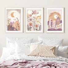 Set Of 3 Cute Boho Flower Moon Sun Wall Arts Canvas Prints, Rama Decor, Wildflower Girls Room Decor Posters, Butterfly Floral Wall Decor, Neutral Soft Mauve Wall Art, Ideal Gift For Living Room, Bedroom, Office, Hallway, Home And Room Decoration, Unframed Rama Gifts Birthday Graduation
