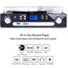 DIGITNOW Bluetooth Turntable Stereo Speakers Vinyl Record Player Cassette Play AM FM Radio Remote Control USB SD Encoding 3.5mm Output Jack - Black1 - View 2