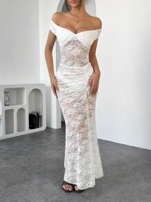 Women Sexy Lace Off-The-Shoulder Bodysuit + High Slit Skirt Set - White - View 1