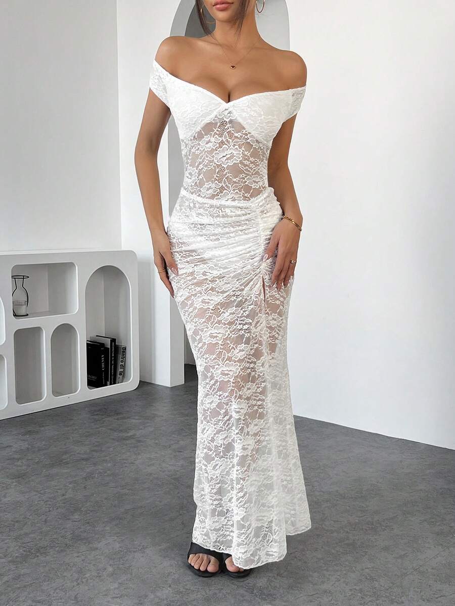 Women Sexy Lace Off-The-Shoulder Bodysuit + High Slit Skirt Set - White - View 1